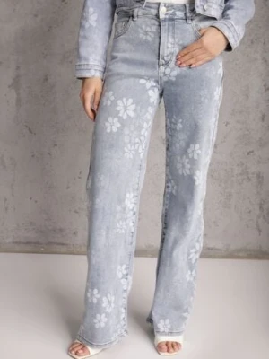 Niebieskie Szerokie Jeansy z Bawełną w Kwiaty Zinnetta