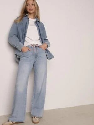 Niebieskie Szerokie Jeansy z Bawełną Wysokim Stanem i Paskiem Typu Sznurek Nevinias