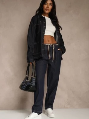 Niebieskie Szerokie Jeansy z Bawełny High Waist Ozdobione Sznurkiem Landa milas91