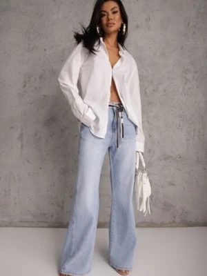 Niebieskie Szerokie Jeansy z Bawełny High Waist z Paskiem w Stylu Sznurówki Vetinia