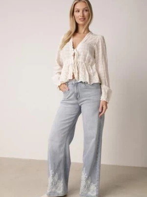 Niebieskie Szerokie Jeansy z Ozdobnym Boho Nadrukiem na Nogawkach Asoochis