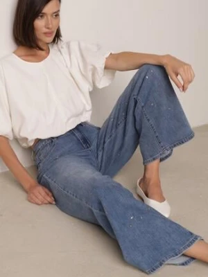 Niebieskie Szerokie Jeansy z Wysokim Stanem i Błyszczącymi Aplikacjami Glysera