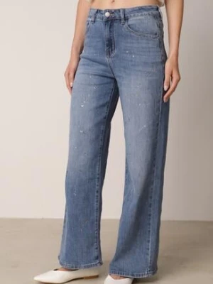 Niebieskie Szerokie Jeansy z Wysokim Stanem i Błyszczącymi Aplikacjami Glysera