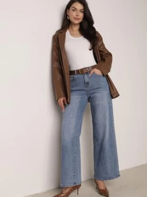 Niebieskie Szerokie Jeansy z Wysokim Stanem i Błyszczącymi Aplikacjami Glysera