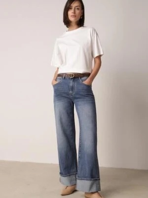 Niebieskie Szerokie Jeansy z Wysokim Stanem i Podwiniętymi Nogawkami Jilora