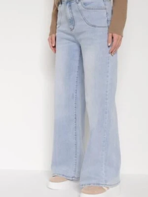 Niebieskie Szerokie Jeansy z Wysokim Stanem Przeszyciami i Imitacją Kieszeni Tanila