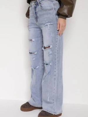 Niebieskie Szerokie Jeansy z Wysokim Stanem Zdobione Przetarciami i Dziurami Brizeth