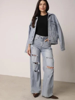 Niebieskie Szerokie Jeansy z Wysokim Stanem Zdobione Przetarciami i Dziurami Brizeth milas91