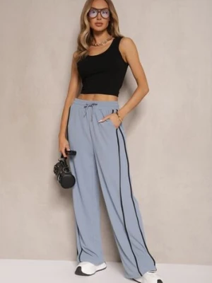 Zdjęcie produktu Niebieskie Szerokie Spodnie Dresowe High Waist Zdobione Lampasami Sopaline