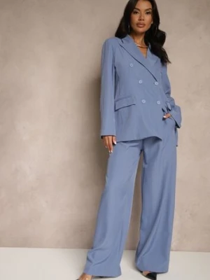 Niebieskie Szerokie Spodnie Garniturowe z Wiskozą Ozdobione Paskiem Ellilara new collection