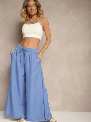 Niebieskie Szerokie Spodnie High Waist Ozdobione Wiązaniem Telonia h&s
