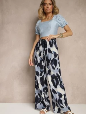 Niebieskie Szerokie Spodnie High Waist z Wiskozą w Panterkowy Wzór Zeviera