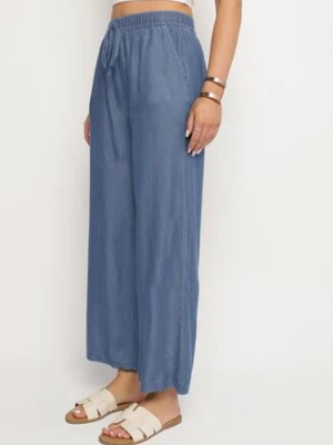 Niebieskie Szerokie Spodnie z Bawełny Ozdobione Wiązaniem Evipoli defox