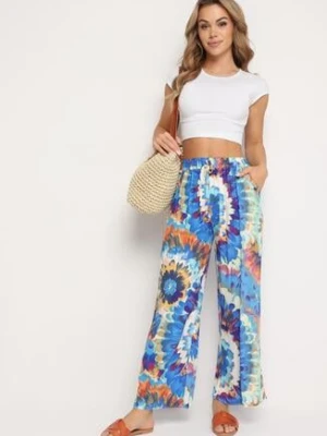 Niebieskie Szerokie Spodnie z Wiskozą i Wysokim Stanem ze Wzorem Tie-Dye i Gumką w Pasie Halflea