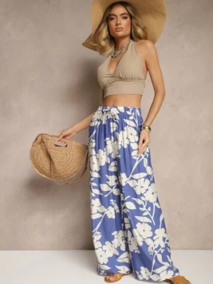 Niebieskie Szerokie Spodnie z Wiskozy High Waist w Kwiatowy Wzór Elaneora