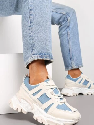 Beżowo-Niebieskie Sznurowane Sneakersy na Grubej Podeszwie ze Wstawkami i Brokatem Widgeta