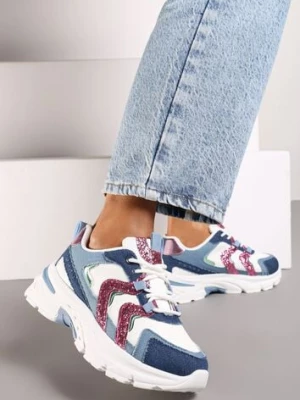 Niebieskie Sznurowane Sneakersy na Platformie Ozdobione Brokatem Betira