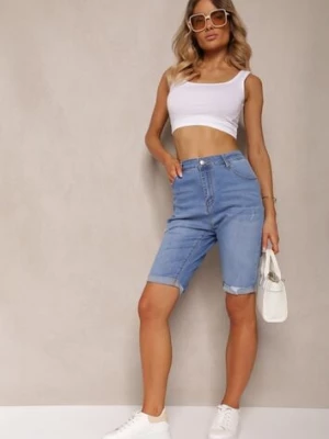 Niebieskie Szorty Jeansowe Przylegające o Długości do Kolan Namsina