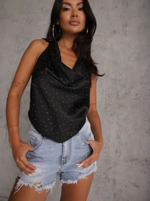 Niebieskie Szorty Jeansowe z Bawełną High Waist z Brokatem i Przetarciami Amatonice milas91