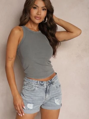 Niebieskie Szorty Jeansowe z Bawełny High Waist Wykończone Przetarciami Nellonia