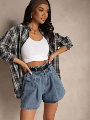 Niebieskie Szorty Jeansowe z Gumką w Talii i Paskiem Zdobione Przeszyciami Alanissa by may