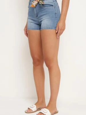 Niebieskie Szorty Jeansowe z Ozdobną Kokardką i Wysokim Stanem Ilbia