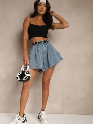 Niebieskie Szorty z Bawełny High Waist Ozdobione Paskiem Saromine elsa.m by may