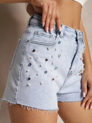Niebieskie Szorty z Jeansu z Wysokim Stanem Zdobione Perełkami i Cyrkoniami Prescota daysie