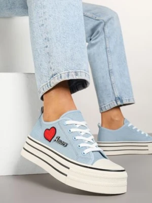 Niebieskie Trampki na Grubej Podeszwie z Aplikacją i Napisem Eheria