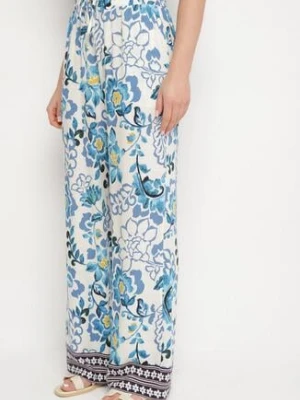 Niebieskie Wiskozowe Spodnie o Prostym Kroju ze Ściągaczem w Talii Lielle rosa