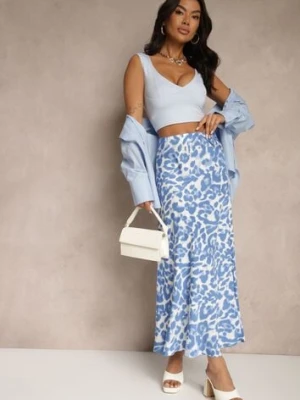 Niebiesko-Beżowa Panterkowa Spódnica z Wiskozy High Waist Fevirellea