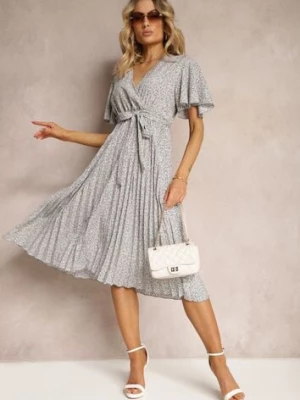 Niebiesko-Beżowa Sukienka o Rozkloszowanym Kroju z Gumką w Talii i Kopertowym Dekoltem z Materiałowym Paskiem Qrissa defox