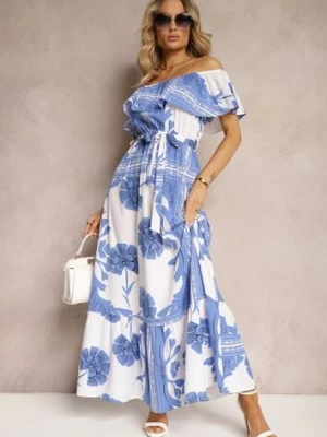 Niebiesko-Biała Hiszpanka Sukienka z Gumką w Talii i Materiałowym Paskiem z Falbankami Xoneri