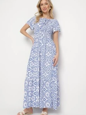 Niebiesko-Biała Rozkloszowana Sukienka z Bawełną i Abstrakcyjnym Wzorem Ldivoria wei wei