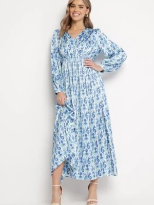 Niebiesko-Biała Satynowa Sukienka Maxi Ozdobiona Wzorem Paisley z Gumką w Pasie Wirlena belcci