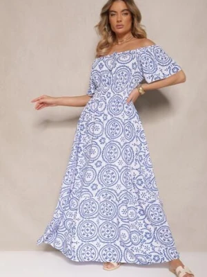 Niebiesko-Biała Sukienka o Rozkloszowanym Kroju z Bawełną w Abstrakcyjny Wzór Ldivena wei wei