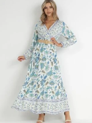 Niebiesko-Biała Sukienka w Kwiaty Rozkloszowana z Paskiem Hosifar rosa