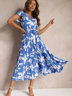 Niebiesko-Biała Sukienka z Kopertowym Dekoltem Plisowanym Dołem Wykończona w Talii Paskiem i Gumką Elsavia cflo