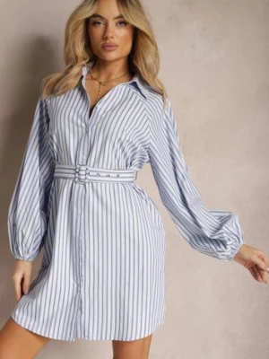 Niebiesko-Biała Taliowana Sukienka Koszulowa w Ozdobne Paski Lasenella unigirl