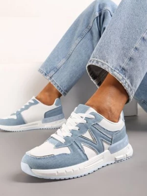 Niebiesko-Białe Płaskie Sneakersy ze Sznurowaniem z Metalicznymi Wstawkami Remarie