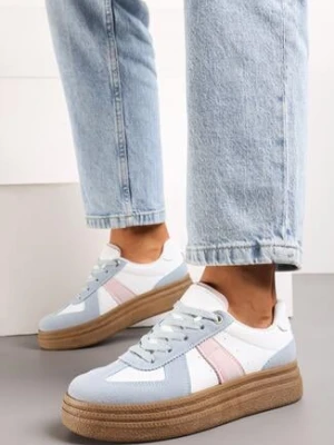 Niebiesko-Białe Sneakersy na Niskiej Platformie z Materiałowymi Wstawkami Xeonbia