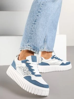 Niebiesko-Białe Sneakersy na Platformie z Tłoczeniami Zdobione Panterkowym Printem Herraza