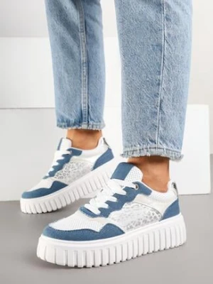 Niebiesko-Białe Sneakersy na Tłoczonej Podeszwie ze Zdobieniami w Panterkę Gerraza