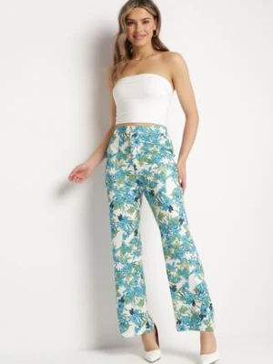 Niebiesko-Białe Spodnie z Szerokimi Nogawkami z Wysokim Stanem w Kwiecisty Wzór Kastaria sophyline