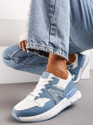 Niebiesko-Białe Sznurowane Sneakersy przed Kostkę na Płaskiej Podeszwie z Aplikacją Irines