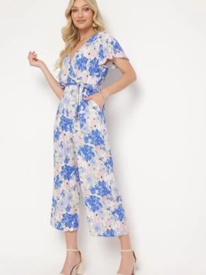 Niebiesko-Biały Kombinezon z Wiskozy z Dekoltem w Serek i Gumką w Pasie Simolla