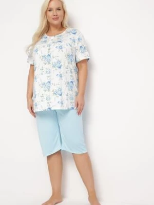 Niebiesko-Biały Komplet Piżamowy w Kwiaty Koszulka z Krótkim Rękawem i Spodnie Lużne 3/4 Lareni
