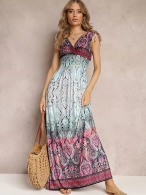 Niebiesko-Bordowa Kopertowa Sukienka Maxi z Gumkami w Talii i Ściągaczami na Ramionach Hannele cflo