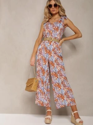 Niebiesko-Brązowy Długi Kombinezon z Wiązanymi Ramiączkami Ozdobiony Mozaikowym Wzorem Jarnsaxa rosa