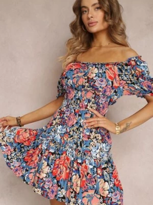 Niebiesko-Czarna Rozkloszowana Sukienka Mini z Gumkami w Pasie i Krótkimi Rękawami z Wiskozy Merrelle cflo